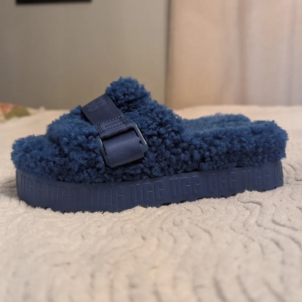 UGG Navy Blue Fluff Slide Platform Sandals